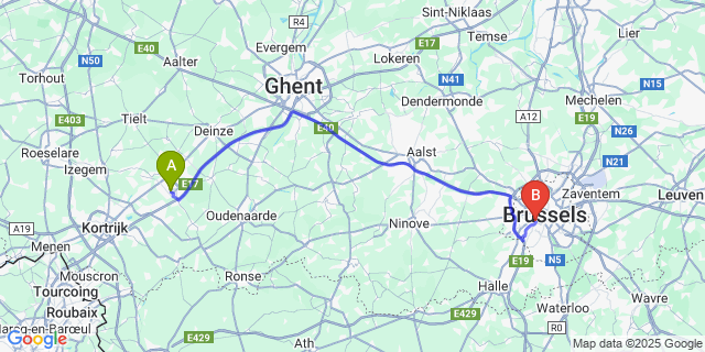 Map: Brussels Midi Train Station to Waregem