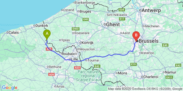 Map: Brussels Midi Train Station to Watou