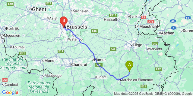 Map: Brussels Midi Train Station to Wéris