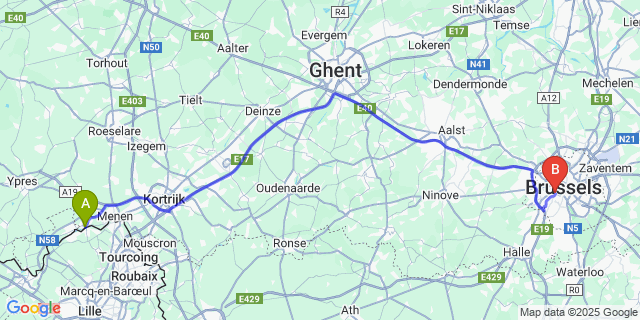 Map: Brussels Midi Train Station to Wervik
