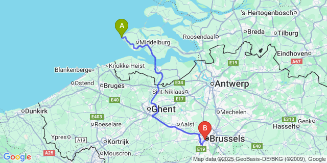 Map: Brussels Midi Train Station to Westkapelle