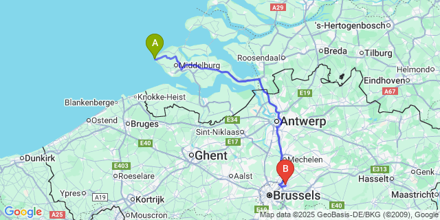 Map: Brussels Zaventem Airport (BRU) to Westkapelle