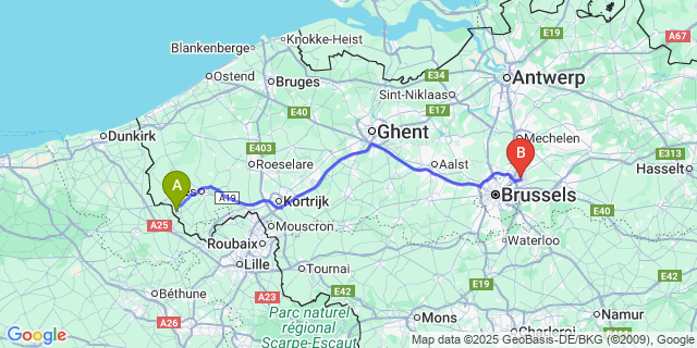 Map: Brussels Zaventem Airport (BRU) to Westouter