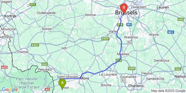 Map: Brussels Midi Train Station to Wihéries