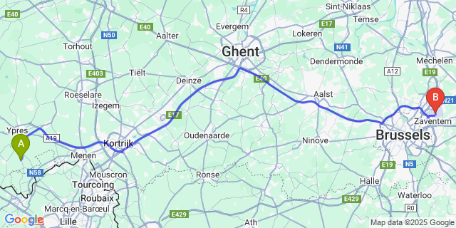 Map: Brussels Zaventem Airport (BRU) to Wijtschate