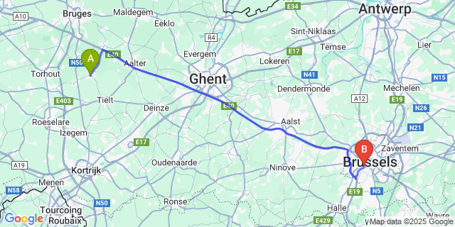Map: Brussels Midi Train Station to Wingene