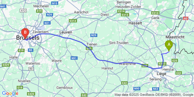 Map: Brussels Midi Train Station to Wonck
