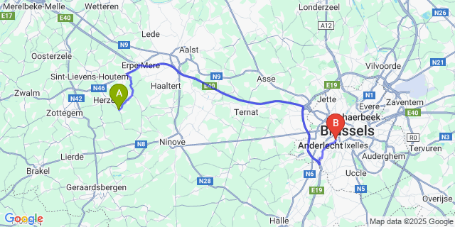 Map: Brussels Midi Train Station to Woubrechtegem