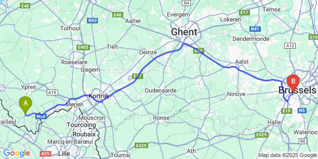 Map: Brussels Midi Train Station to Wulvergem
