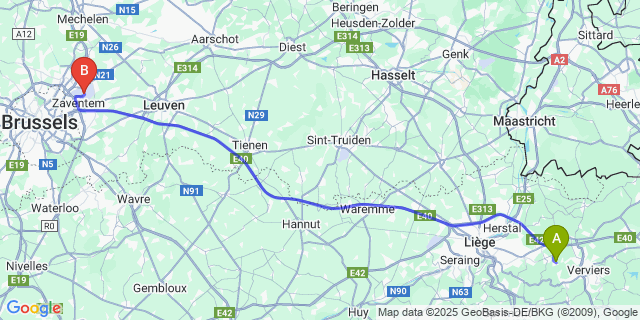 Map: Brussels Zaventem Airport (BRU) to Xhendelesse