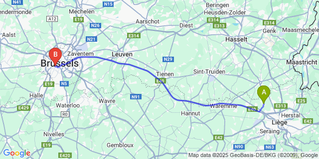 Map: Brussels Midi Train Station to Xhendremael