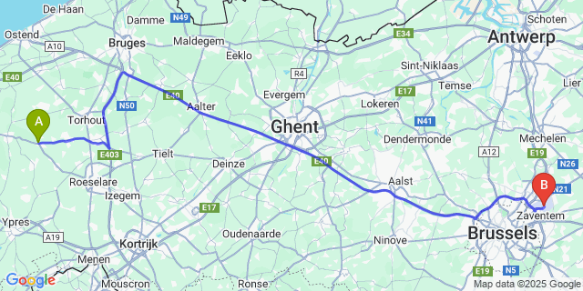 Map: Brussels Zaventem Airport (BRU) to Zarren