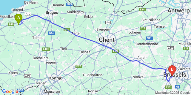 Map: Brussels Midi Train Station to Zevekote