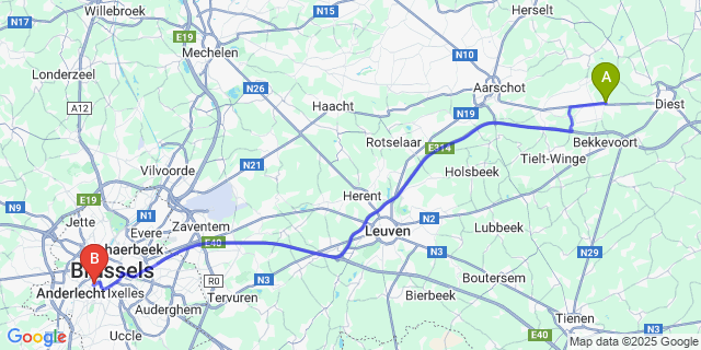 Map: Brussels Midi Train Station to Zichem