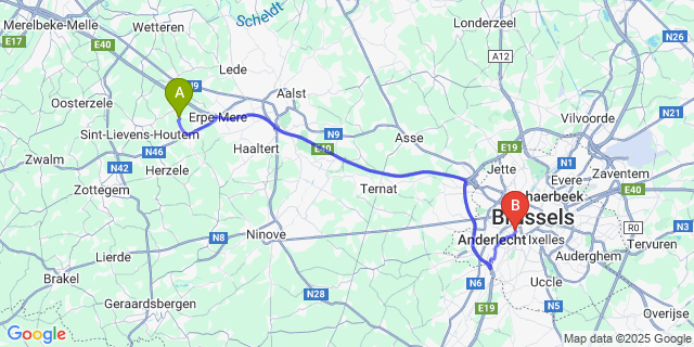 Map: Brussels Midi Train Station to Zonnegem