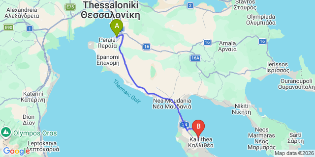 Map: Thessaloniki Airport (SKG) to Achtis Hotel - Luxury Hotel Suites, Afytos