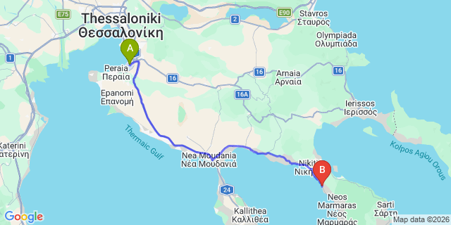 Map: Thessaloniki Airport (SKG) to ACROTEL Athena Pallas, Akti Elia, Nikiti