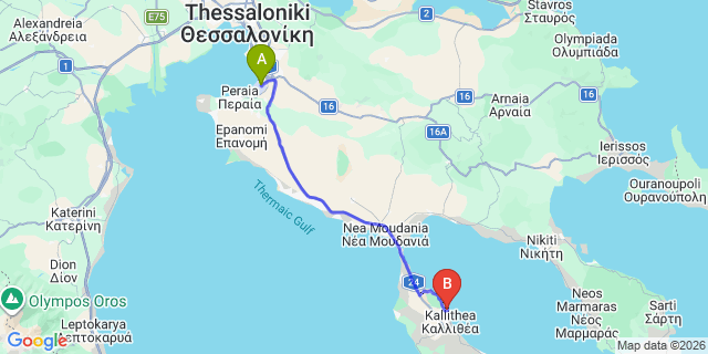 Map: Thessaloniki Airport (SKG) to Afitis Boutique Hotel, Afytos