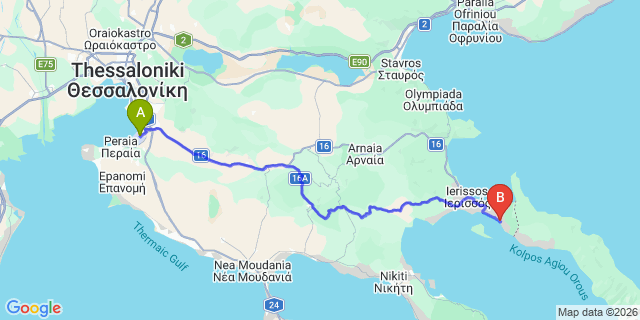 Map: Thessaloniki Airport (SKG) to Akrathos Beach Hotel, Ouranoupolis