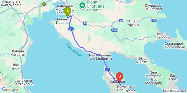 Map: Thessaloniki Airport (SKG) to ALEXANDER THE GREAT BEACH HOTEL, Kriopighi