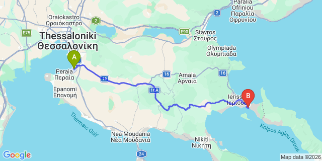 Map: Thessaloniki Airport (SKG) to Alexandros Palace Hotel & Suites, Trypiti, Ouranoupolis