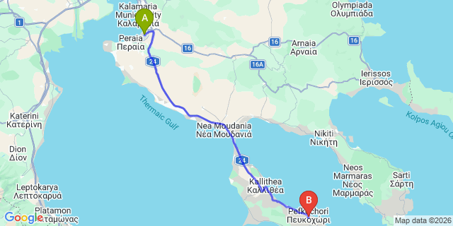 Map: Thessaloniki Airport (SKG) to ALIA PALACE HOTEL & VILLAS, Pefkohori