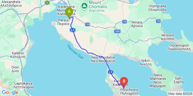 Map: Thessaloniki Airport (SKG) to Alkion Hotel, Kriopighi