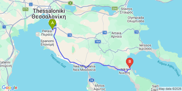 Map: Thessaloniki Airport (SKG) to Antigoni Beach Resort Trani Ammoudia, Ormos Panagias