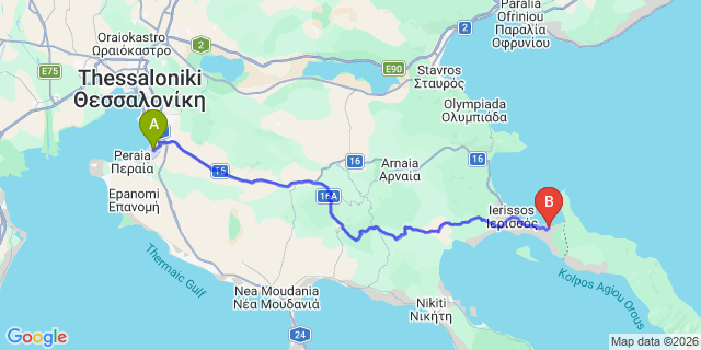 Map: Thessaloniki Airport (SKG) to Avaton Luxurous Hotel Komitsa Bay