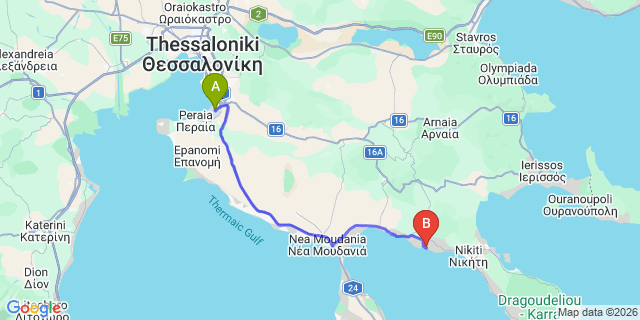 Map: Thessaloniki Airport (SKG) to Bianco Olympico Beach Hotel, Paralia Vatopediou