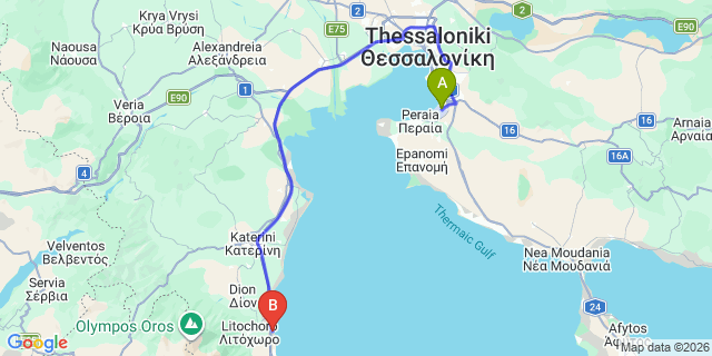 Map: Thessaloniki Airport (SKG) to Cavo Olympo Luxury Hotel - Plaka, Litohoro