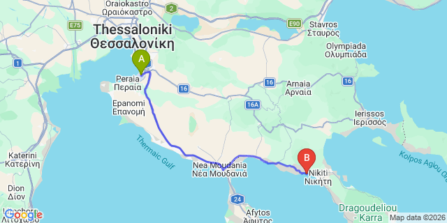 Map: Thessaloniki Airport (SKG) to Danai Beach Resort And Villas, Nikiti