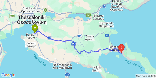 Map: Thessaloniki Airport (SKG) to Eagles Palace, Ouranoupolis