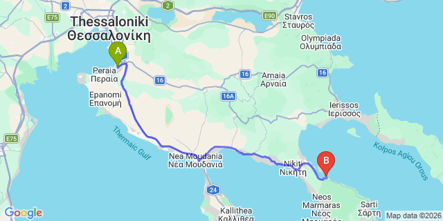 Map: Thessaloniki Airport (SKG) to Ekies All Senses Resort, Vourvourou