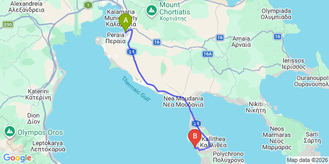 Map: Thessaloniki Airport (SKG) to Elani Bay Resort, Elani, Siviri