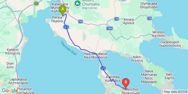 Map: Thessaloniki Airport (SKG) to Elinotel Apolamare, Center, Hanioti