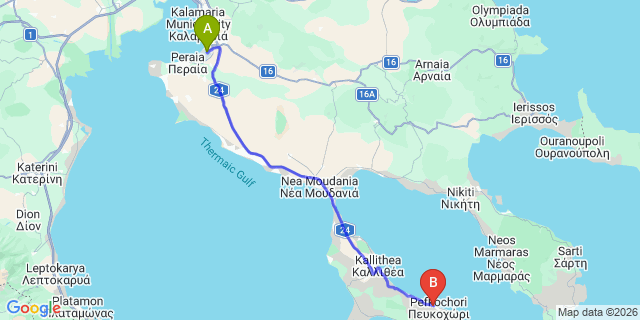 Map: Thessaloniki Airport (SKG) to Flegra Palace Hotel, Pefkoxori