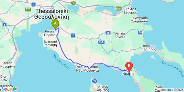 Map: Thessaloniki Airport (SKG) to Geranion Village, Nikiti