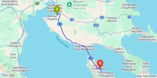 Map: Thessaloniki Airport (SKG) to GHotels Pallini Beach, Kallithea