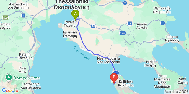 Map: Thessaloniki Airport (SKG) to GHotels Simantro Beach, Sani
