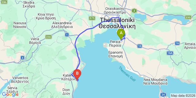 Map: Thessaloniki Airport (SKG) to GRAND PLATON HOTEL A.E. Katerinoskala