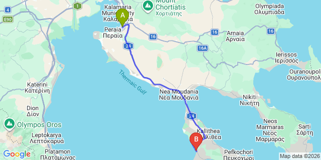 Map: Thessaloniki Airport (SKG) to Greek Pride Apartments Fourka