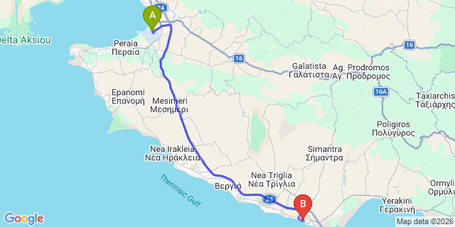 Map: Thessaloniki Airport (SKG) to Ikos Oceania, Oceania Club, Nea Moudania