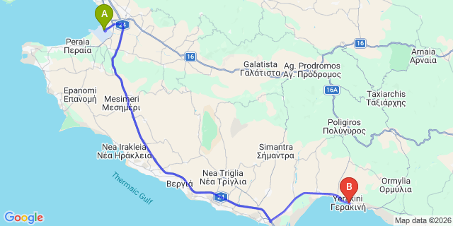 Map: Thessaloniki Airport (SKG) to Ikos Olivia, Thesi Rahones, Gerakini