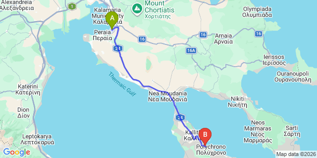 Map: Thessaloniki Airport (SKG) to Kassandra Palace Hotel and Spa, Kriopighi