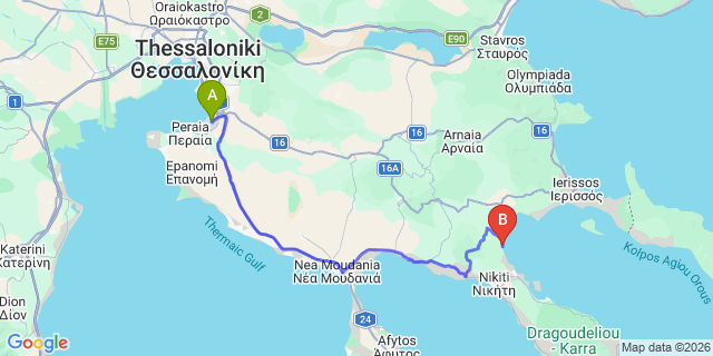 Map: Thessaloniki Airport (SKG) to Krotiri Resort, Akti Salonikiou, Agios Nikolaos