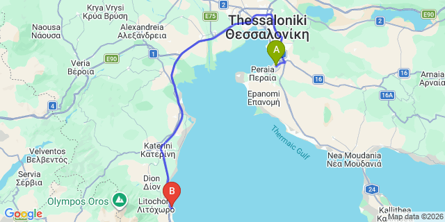 Map: Thessaloniki Airport (SKG) to Litohoro Olympus Resort, Plaka