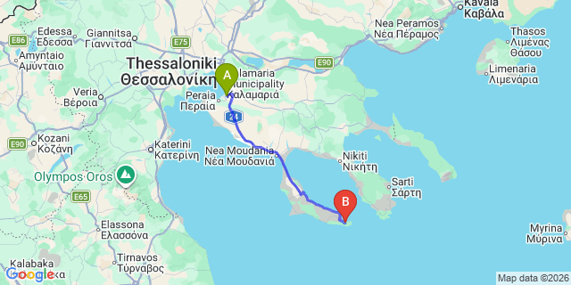 Map: Thessaloniki Airport (SKG) to Miraggio Thermal Spa Resort, Kanistro, Paliouri