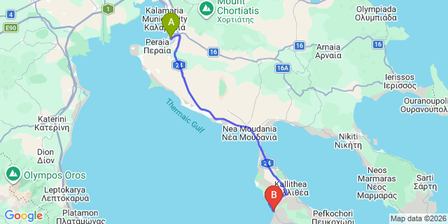 Map: Thessaloniki Airport (SKG) to Olympion Sunset, Fourka Beach