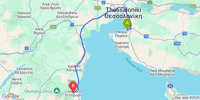 Map: Thessaloniki Airport (SKG) to Olympus Mediterranean, Litohoro